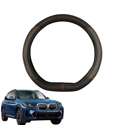 Steering Wheel Cover for BMW iX3 2022 - Current (G08) - Black Microfiber Leather - D-Shape 38 cm