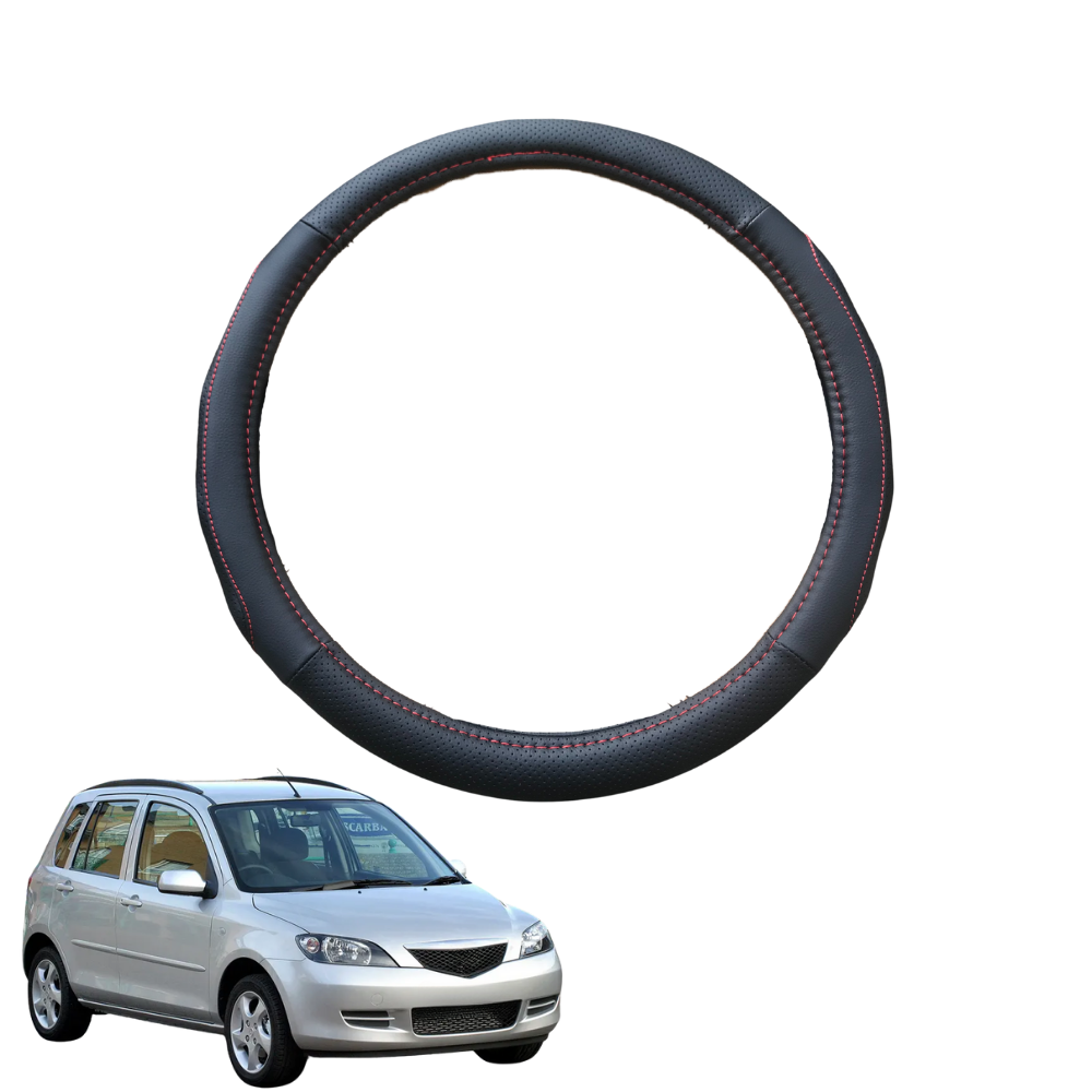 Steering Wheel Cover for Mazda 2 2002 - 2007 - Black Microfiber Leather - Circle 38 cm