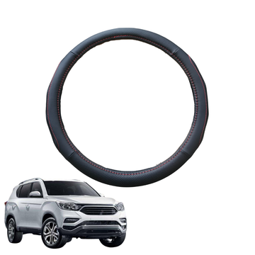 Steering Wheel Cover for SsangYong Rexton 2017 - Current Y290, Y400, Y450 - Black Microfiber Leather - Circle 38 cm