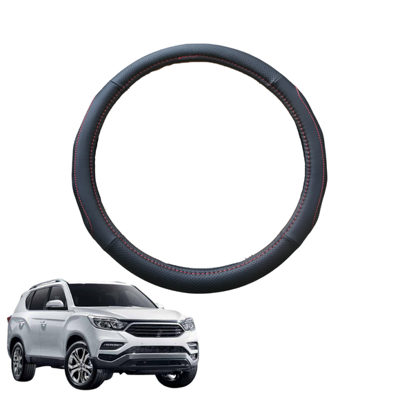 Steering Wheel Cover for SsangYong Rexton 2017 - Current Y290, Y400, Y450 - Black Microfiber Leather - Circle 38 cm