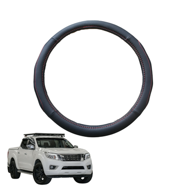 Steering Wheel Cover for Nissan Navara Dual Cab 2015 - Current (NP300/D23 STX with rear cupholder) - Black Microfiber Leather - Circle 38 cm