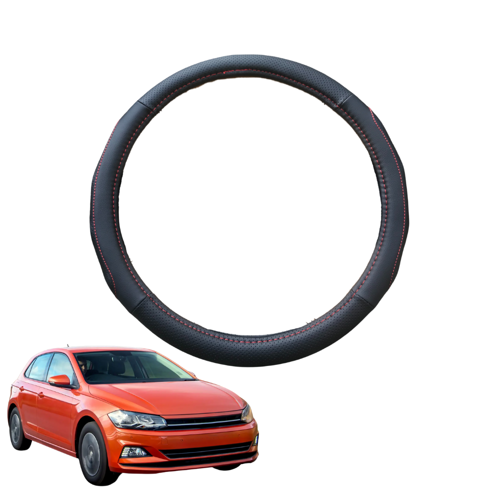 Steering Wheel Cover for VolksWagen Polo 2018 - Current (MK6) - Black Microfiber Leather - Circle 38 cm