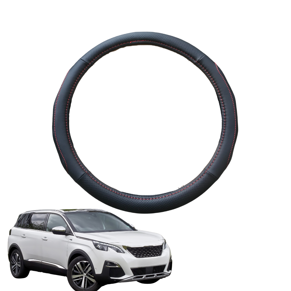 Steering Wheel Cover for Peugeot 5008 SUV 2017 - Current (P87) - Black Microfiber Leather - Circle 38 cm