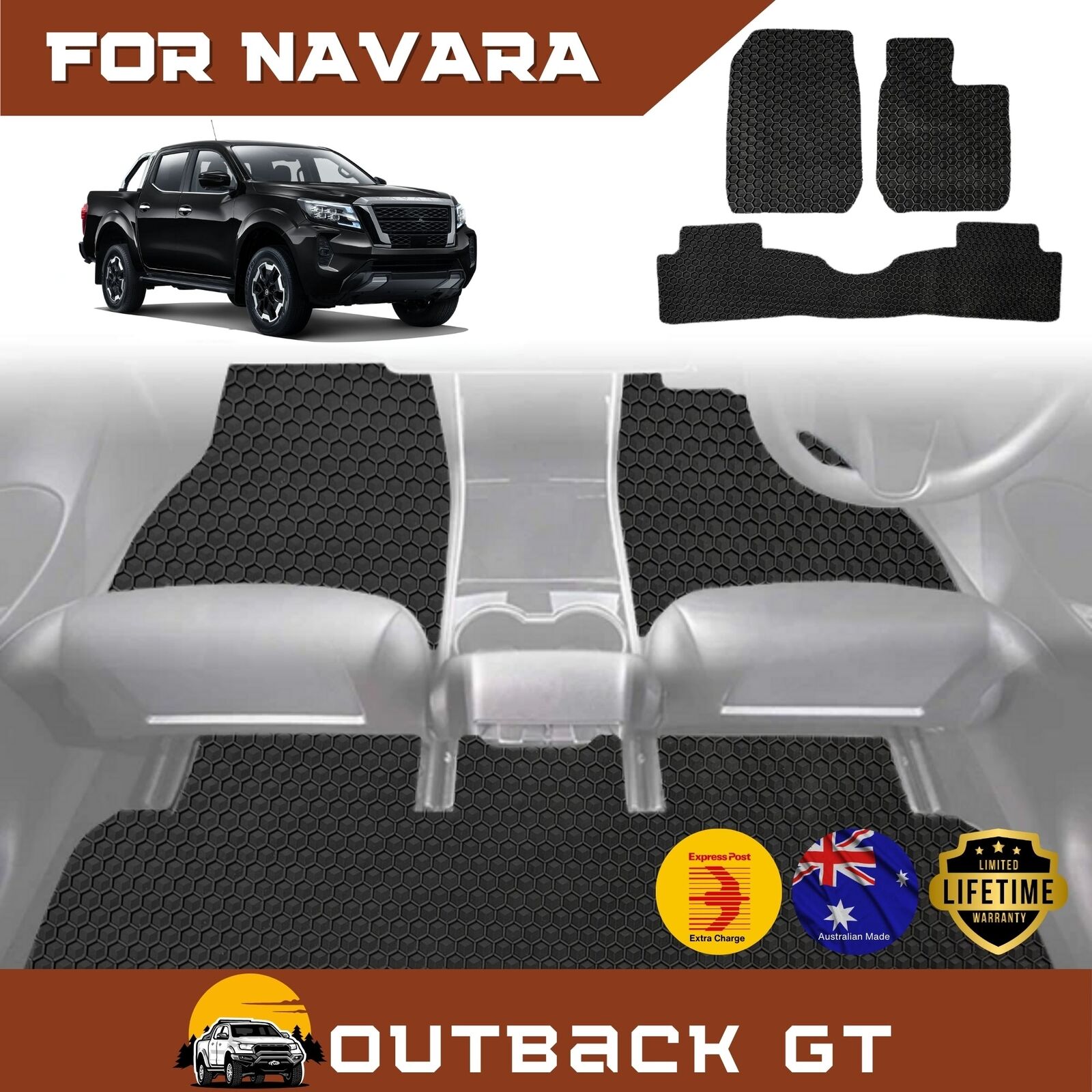 6D Diamond Car Floor Mats for Nissan Navara Dual Cab 2015 - Current (NP300/D23 STX with rear cupholder) - Custom-Fit Carpet Liner