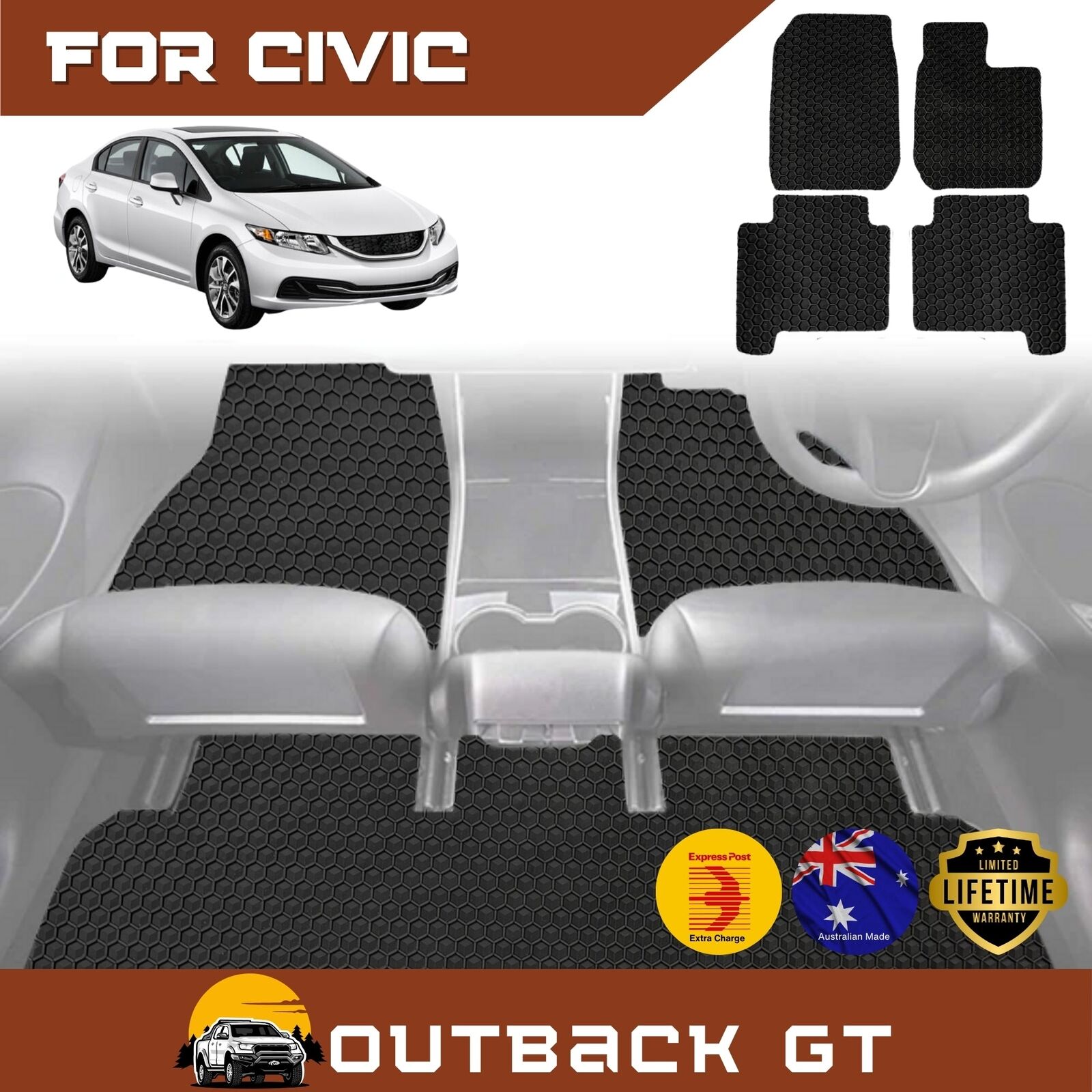 6D Diamond Car Floor Mats for Honda Civic 2012 - 2016 (Hatch, 9th Gen) - Custom-Fit Carpet Liner